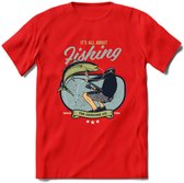 Fishing - Vissen T-Shirt | Grappig Verjaardag Vis Hobby Cadeau Shirt | Dames - Heren - Unisex | Tshirt Hengelsport Kleding Kado - Rood - XXL