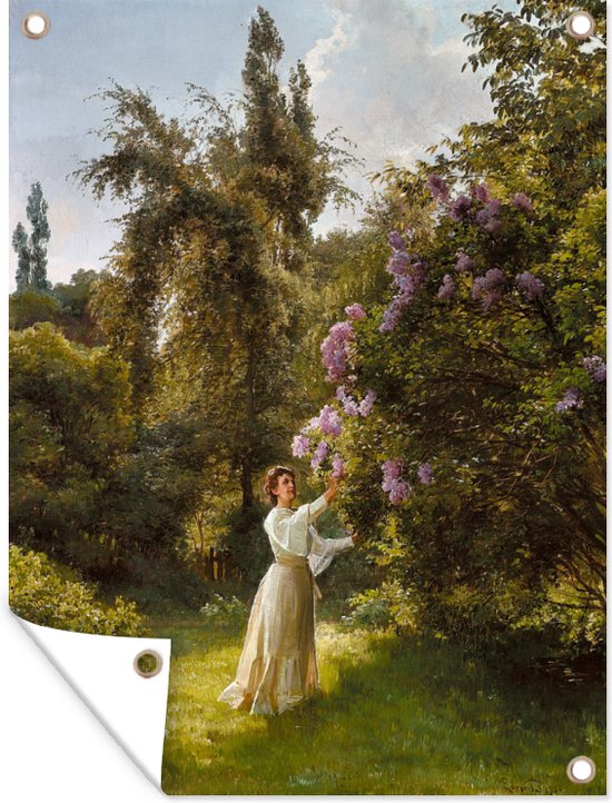Tuin decoratie Tuinpartij met vrouw naast bloeiende sering - schilderij van Edvard Petersen - 30x40 cm - Tuindoek - Buitenposter