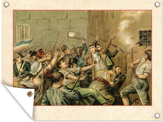 Muurdecoratie buiten tekening van de bestorming van Bastille tijdens de