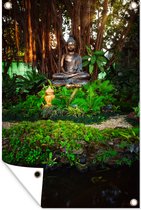 Muurdecoratie Boeddha standbeeld in een park - 120x180 cm - Tuinposter - Tuindoek - Buitenposter