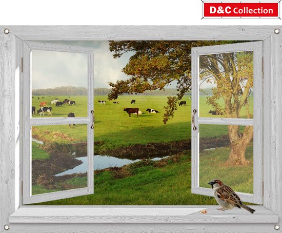 D&C Collection - tuinposter - 90x65 cm - doorkijk - wit luxe venster - koeien weiland - mus-vogels - tuin decoratie - tuinposters buiten - schuttingposter - tuinschilderij