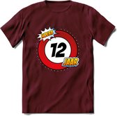 12 Jaar Hoera Verkeersbord T-Shirt | Grappig Verjaardag Cadeau | Dames - Heren | - Burgundy - XL