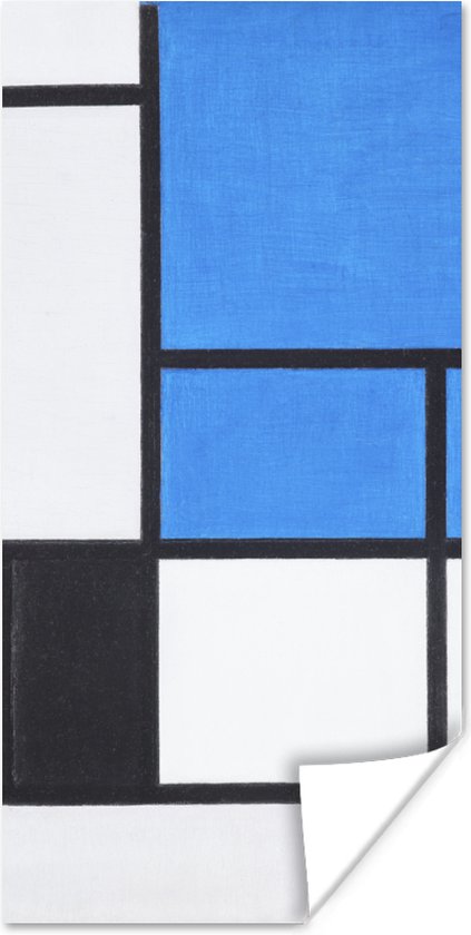 Poster Compositie met blauw, rood, zwart, geel en grijs - Piet Mondriaan - 20x40 cm