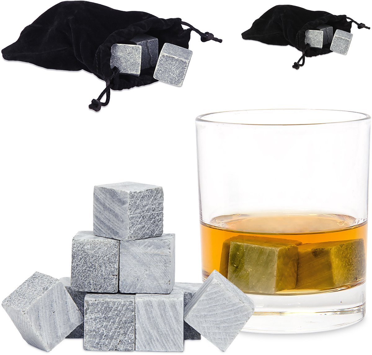 18x whiskey steen - grijs - ijsklontjes - smaakloos - stoffen zakje