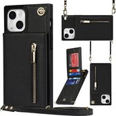 Geschikt Voor iPhone 13 Hoesje Met Koord - Solidenz Portemonnee Hoes - Telefoonhoesje Met Koord - Wallet Case - Cover Hoes Met Koordje - Backcover Met Koord - Zwart