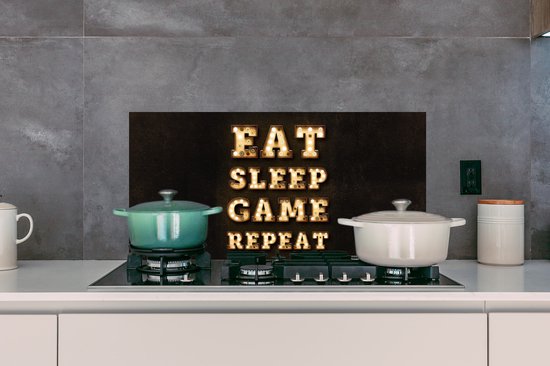 Spatscherm keuken 90x45 cm - Kookplaat achterwand Gaming - Games - Quotes - Spreuken - Eat sleep game repeat - Muurbeschermer - Spatwand fornuis - Hoogwaardig aluminium