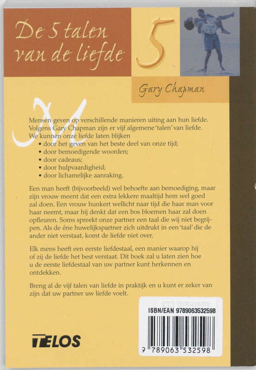 Achterkant boek 'De 5 talen van de liefde' met uitleg en barcode.