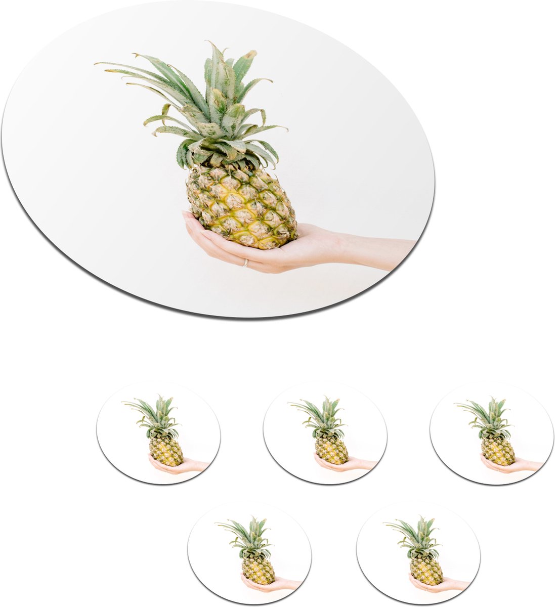 Onderzetters voor glazen - Rond - Tropisch - Ananas - Geel - 10x10 cm - Glasonderzetters - 6 stuks