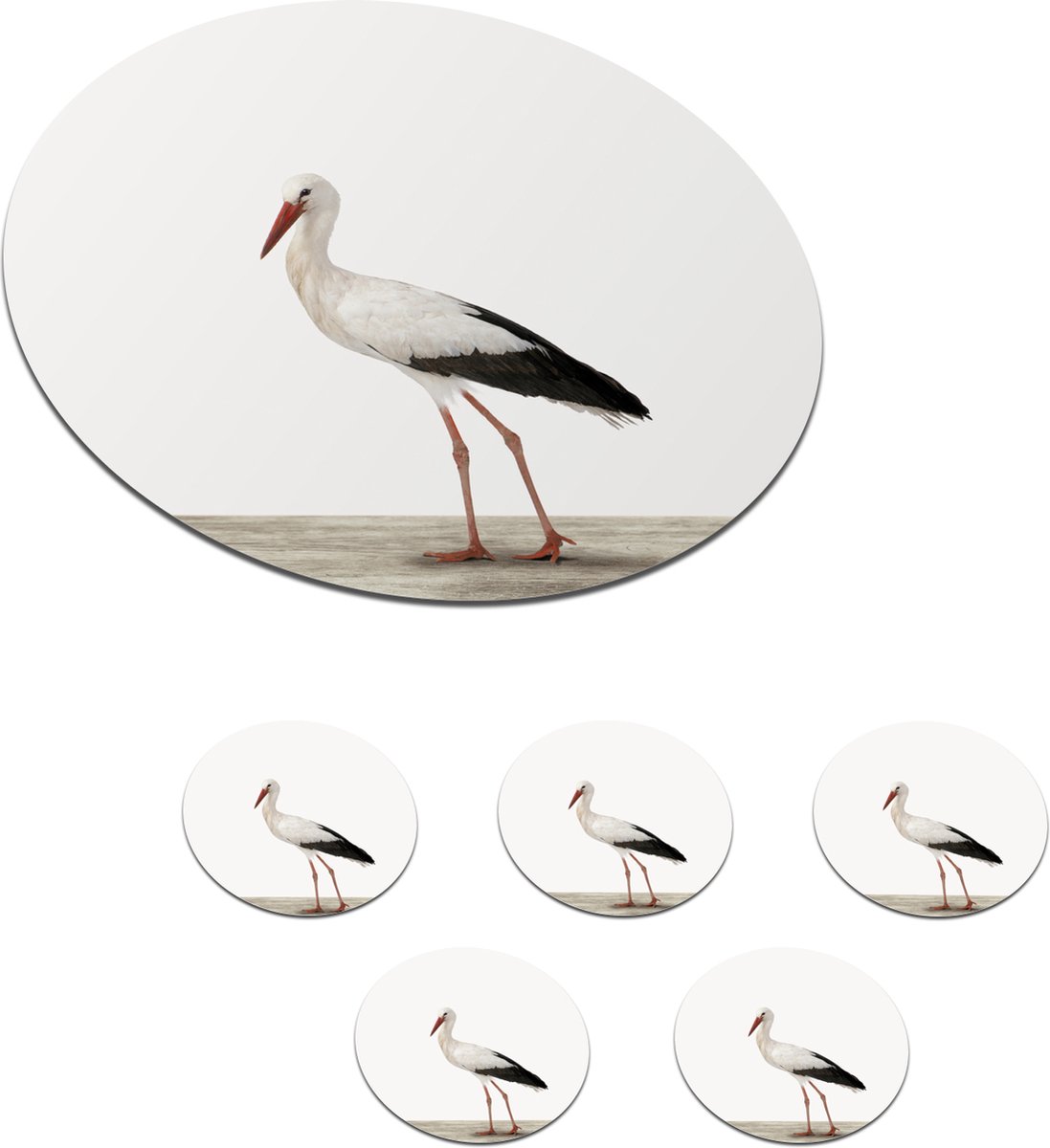Onderzetters voor glazen - Rond - Dieren - Ooievaar - Wit - 10x10 cm - Glasonderzetters - 6 stuks