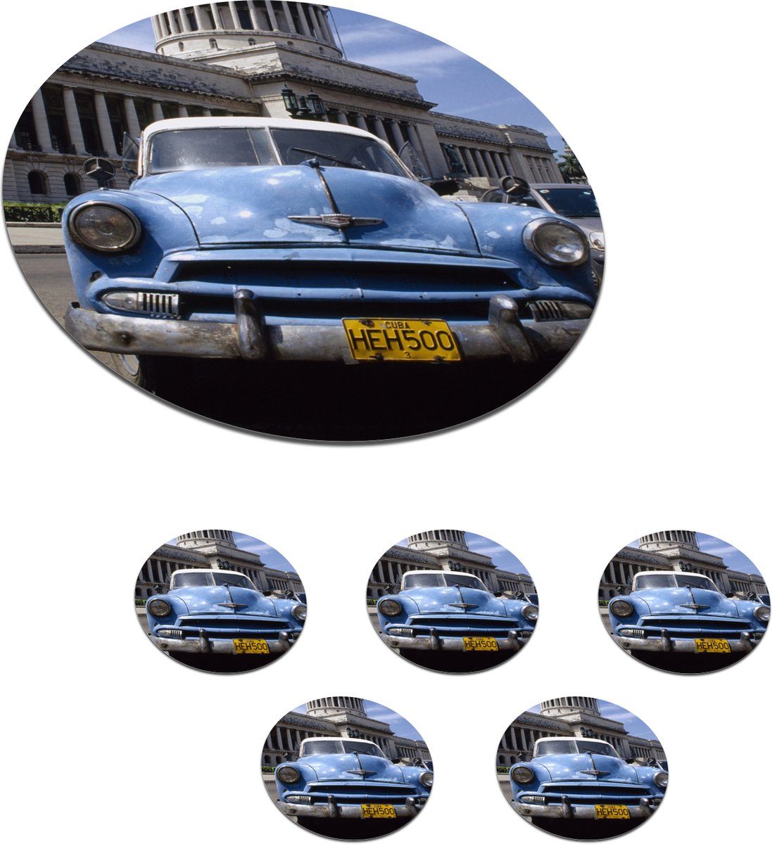 Onderzetters voor glazen - Rond - Oldtimer - Cuba - Blauw - 10x10 cm - Glasonderzetters - 6 stuks