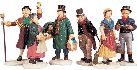 Set van 6 Victoriaanse kerstfiguren: 2 mannen met hoge hoed, 2 vrouwen, 1 herder en 1 verkoper met een karretje.