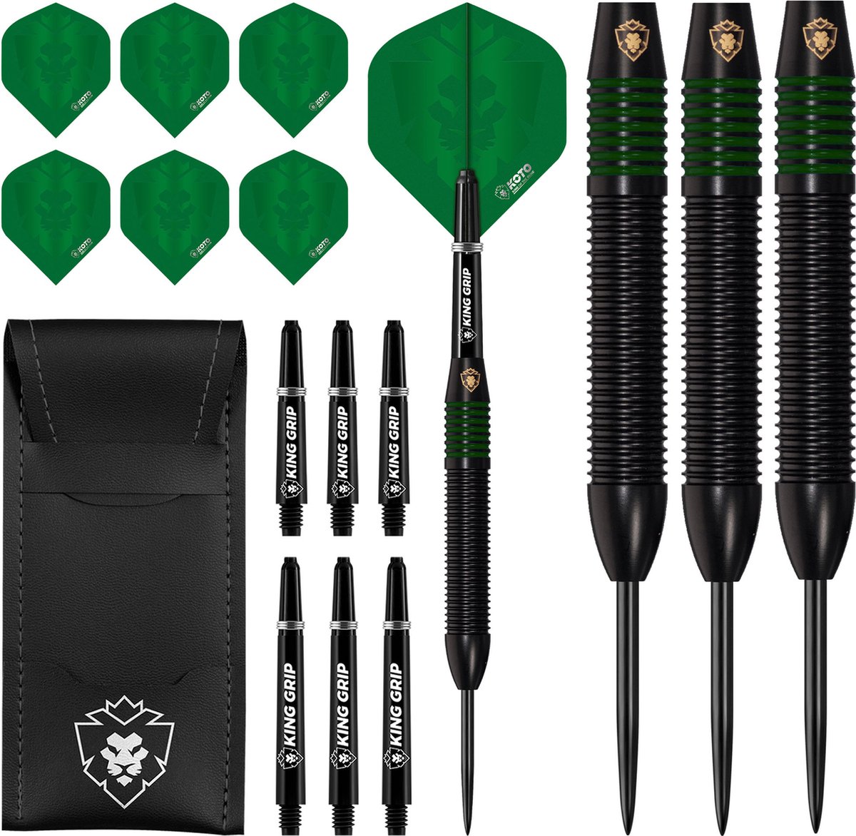 KOTO Kingprove Black & Green Brass Darts, 24 Gram Brass Dartpijl Met Stahl Spitzen, Steeltip DartSet Met 3 Messing SteelDarts für Anfänger & Hobbyisten, 6 Flights