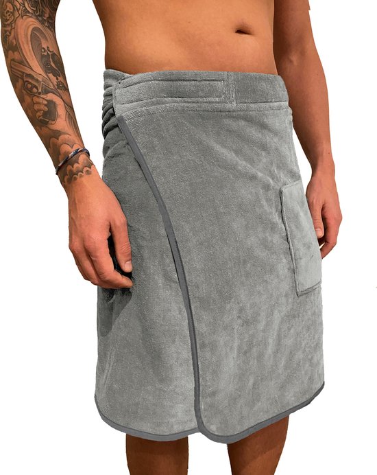 HOMELEVEL sauna handdoek voor hem - Katoenen saunakilt voor mannen - One size - Lichtgrijs/antraciet