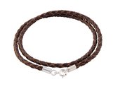 AuBor ®. Gevlochten leren ketting met zilveren sluiting.  Bruin. 3mm × 60cm