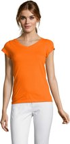 Set van 2x stuks dames t-shirt  V-hals oranje 100% katoen slimfit - Dameskleding shirts, maat: 42 (XL)