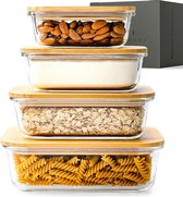 KIVY® Glazen Voedsel Opslag Containers [Set van 4] - Premium glazen containers met deksels gemaakt van duurzaam bamboe - BPA-vrije glazen kommen met deksels - Glazen opslag containers - Glaze