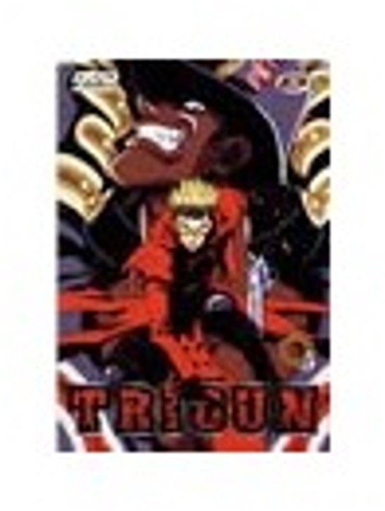 Trigun 5 graphic novel cover met een rode en zwarte tekening van een man met een hoed.