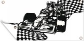 Tuinposter Een racewagen uit de Formule 1 met een finishvlag in een illustratie - 80x40 cm - Wanddecoratie Buiten - Tuinposter - Tuindoek - Schuttingposter - Tuinschilderij