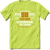 58 Jaar Legend T-Shirt | Goud - Wit | Grappig Verjaardag en Feest Cadeau Shirt | Dames - Heren - Unisex | Tshirt Kleding Kado | - Groen - L