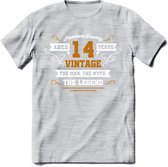 14 Jaar Legend T-Shirt | Goud - Wit | Grappig Verjaardag en Feest Cadeau Shirt | Dames - Heren - Unisex | Tshirt Kleding Kado | - Licht Grijs - Gemaleerd - 3XL