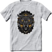 Wolf - Dieren Mandala T-Shirt | Geel | Grappig Verjaardag Zentangle Dierenkop Cadeau Shirt | Dames - Heren - Unisex | Wildlife Tshirt Kleding Kado | - Licht Grijs - Gemaleerd - XXL
