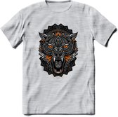 Wolf - Dieren Mandala T-Shirt | Oranje | Grappig Verjaardag Zentangle Dierenkop Cadeau Shirt | Dames - Heren - Unisex | Wildlife Tshirt Kleding Kado | - Licht Grijs - Gemaleerd - X