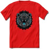 Beer - Dieren Mandala T-Shirt | Lichtblauw | Grappig Verjaardag Zentangle Dierenkop Cadeau Shirt | Dames - Heren - Unisex | Wildlife Tshirt Kleding Kado | - Rood - XL