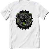 Beer - Dieren Mandala T-Shirt | Groen | Grappig Verjaardag Zentangle Dierenkop Cadeau Shirt | Dames - Heren - Unisex | Wildlife Tshirt Kleding Kado | - Wit - 3XL