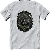 Leeuw - Dieren Mandala T-Shirt | Groen | Grappig Verjaardag Zentangle Dierenkop Cadeau Shirt | Dames - Heren - Unisex | Wildlife Tshirt Kleding Kado | - Licht Grijs - Gemaleerd - X