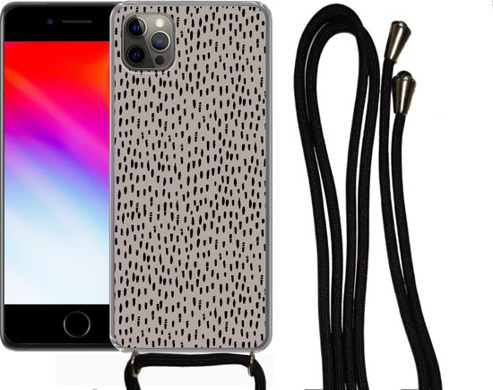 Coque avec cordon iPhone 13 Pro - Pois - Marron - Zwart - Siliconen - Bandoulière - Coque arrière avec cordon - Coque pour téléphone avec cordon - Coque avec corde