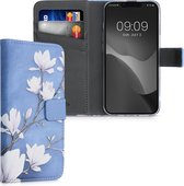 kwmobile telefoonhoesje voor Apple iPhone 13 / 14 - Hoesje met pasjeshouder in taupe / wit / blauwgrijs - Magnolia design