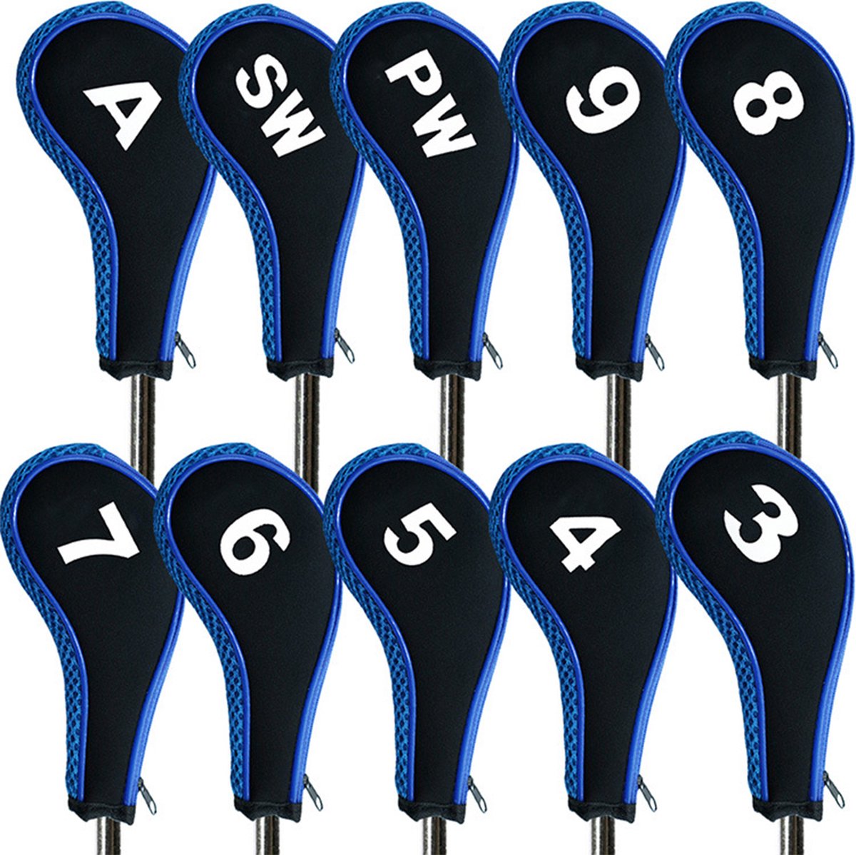 Golfclub covers - set van 10 - zwart met blauw - ijzers - met rits - XD-Xtreme - Golffmaniac