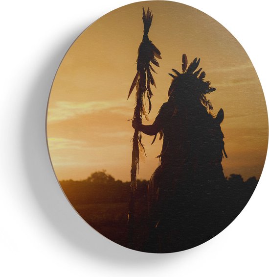 Artaza Muurcirkel - Indiaan met een Speer bij Zonsondergang - Wandcirkel - Rond Schilderij