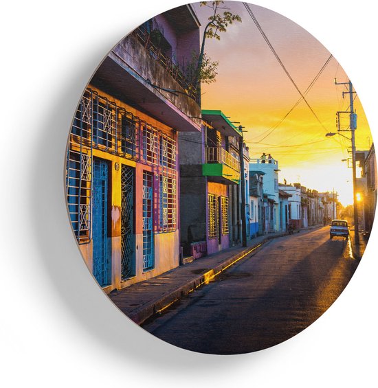 Artaza Houten Muurcirkel - Cuba Kleurrijke Huisjes bij Zonsondergang - Ø 40 cm - Klein - Multiplex Wandcirkel - Rond Schilderij