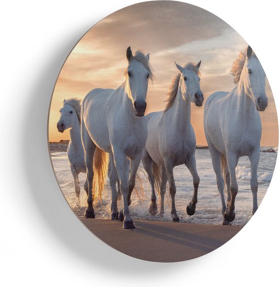 Artaza Houten Muurcirkel - Witte Paarden Op Het Strand Bij Water - Ø 70 cm - Multiplex Wandcirkel - Rond Schilderij