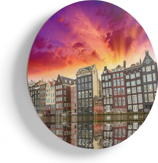 Artaza Houten Muurcirkel - Amsterdamse Huisjes Bij Het Kanaal - Kleur - Ø 50 cm - Klein - Multiplex Wandcirkel - Rond Schilderij