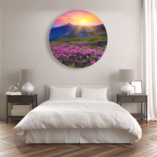 Artaza Cercle mural Dibond Champ de fleurs de rhododendrons roses - Montagnes - Ø 90 cm - Groot - Cercle mural - Peinture ronde - Pour intérieur et extérieur