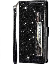 LuxeBass Hoesje geschikt voor Samsung Galaxy A51 Glitter Bookcase met rits - hoesje - portemonneehoesje - Zwart - telefoonhoes - gsm hoes - telefoonhoesjes