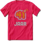 41 Jaar Feest T-Shirt | Goud - Zilver | Grappig Verjaardag Cadeau Shirt | Dames - Heren - Unisex | Tshirt Kleding Kado | - Roze - XL