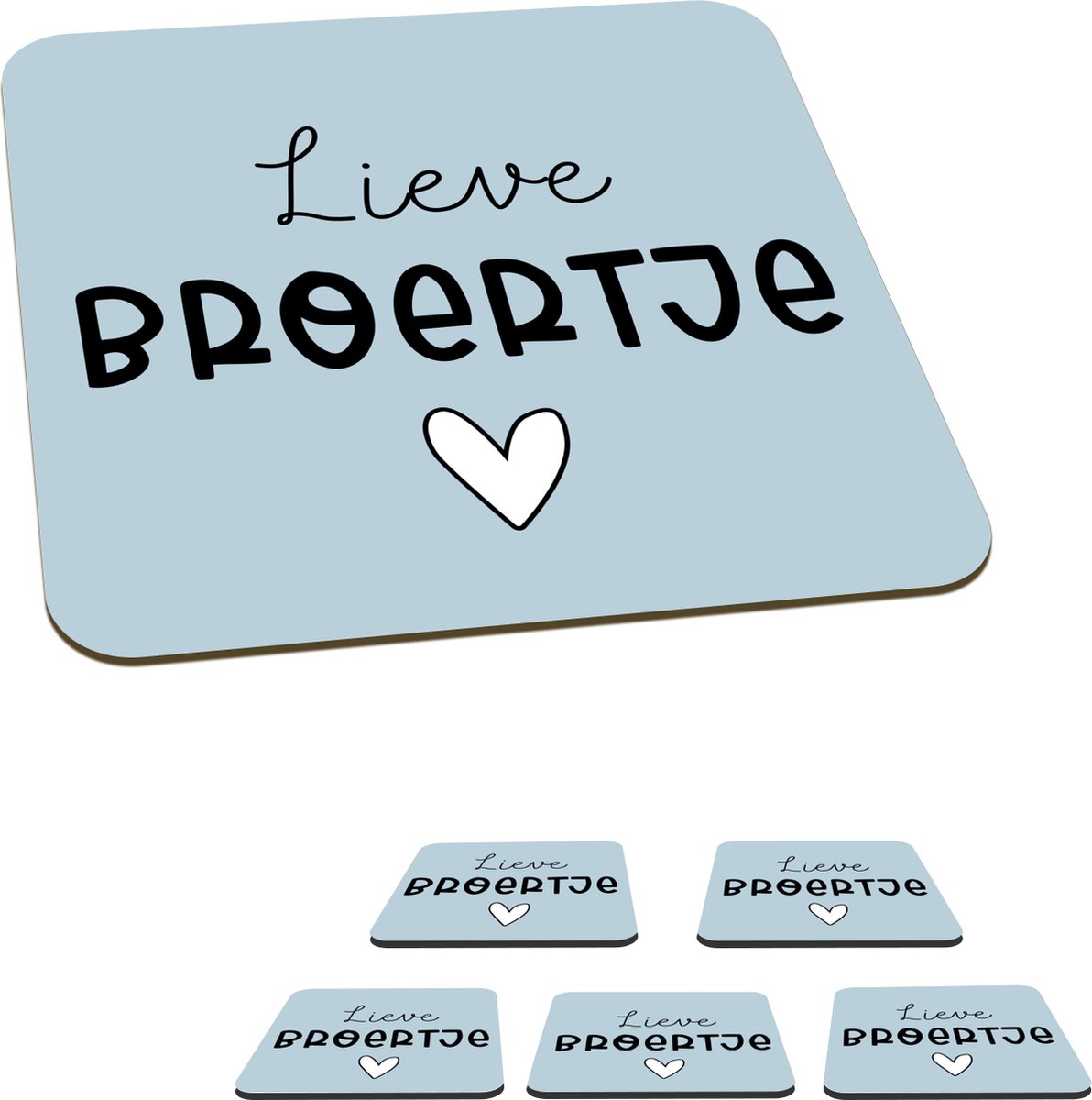 Onderzetters voor glazen - Broer - Blauw - Hart - 10x10 cm - Glasonderzetters - 6 stuks
