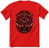 Wolf - Dieren Mandala T-Shirt | Oranje | Grappig Verjaardag Zentangle Dierenkop Cadeau Shirt | Dames - Heren - Unisex | Wildlife Tshirt Kleding Kado | - Rood - XXL