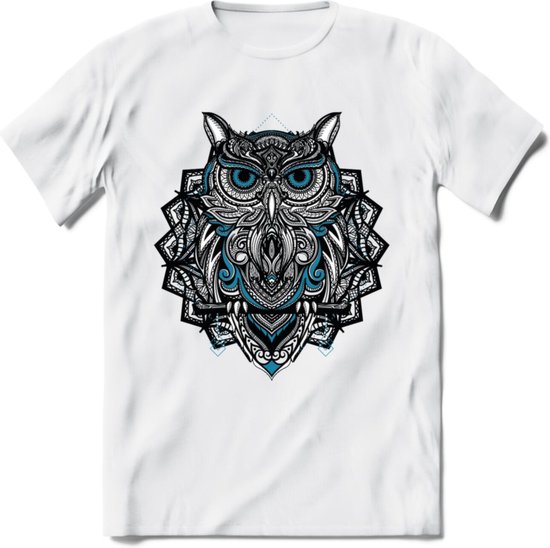 Uil - Dieren Mandala T-Shirt | Blauw | Grappig Verjaardag Zentangle Dierenkop Cadeau Shirt | Dames - Heren - Unisex | Wildlife Tshirt Kleding Kado | - Wit - S