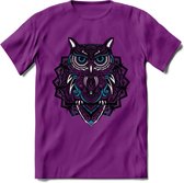 Uil - Dieren Mandala T-Shirt | Blauw | Grappig Verjaardag Zentangle Dierenkop Cadeau Shirt | Dames - Heren - Unisex | Wildlife Tshirt Kleding Kado | - Paars - XXL