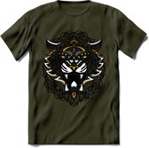 Tijger - Dieren Mandala T-Shirt | Geel | Grappig Verjaardag Zentangle Dierenkop Cadeau Shirt | Dames - Heren - Unisex | Wildlife Tshirt Kleding Kado | - Leger Groen - S