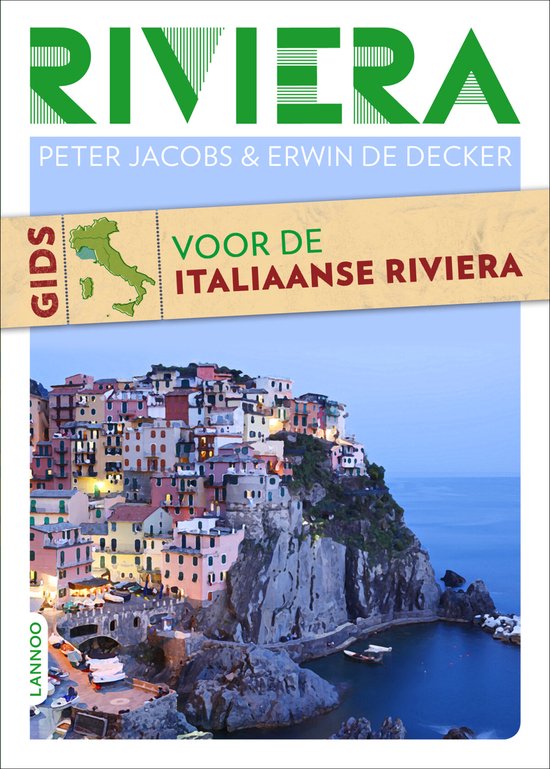Gids Voor De Italiaanse Riviera. Boek met afbeelding van gekleurde huizen op een klif aan zee.