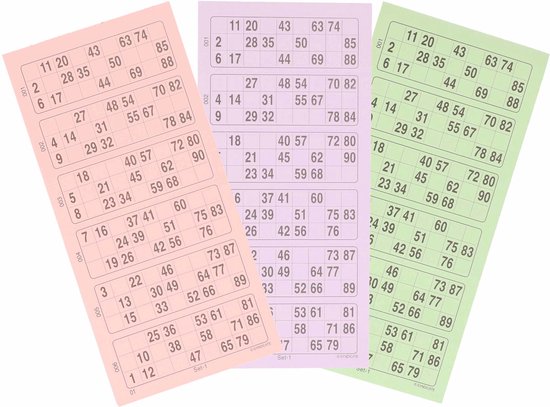 Thumbnail van een extra afbeelding van het spel 100x Bingokaarten nummers 1-90 inclusief 6x bingo stiften blauw/geel/rood