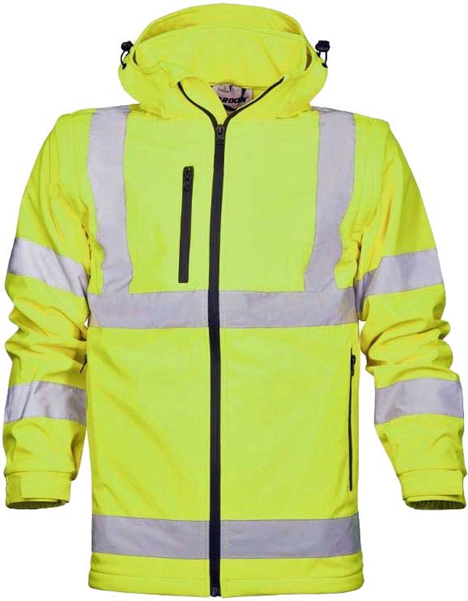 Ardon REF501 Hi-Vis Hooded Softshell Jack/Bodywarmer | Fluorescerend geel | 3XL | Heren werkjas met afneembare mouwen