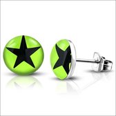 Aramat jewels ® - Ronde oorstekers ster groen zwart acryl staal 7mm