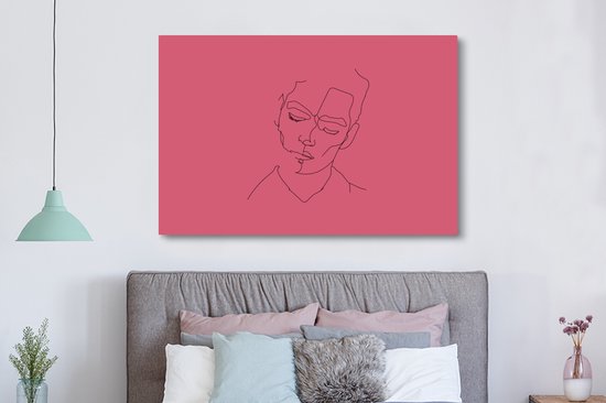 Canvas schilderij 180x120 cm - Wanddecoratie Line art - Man - Roze - Muurdecoratie woonkamer - Slaapkamer decoratie - Kamer accessoires - Schilderijen