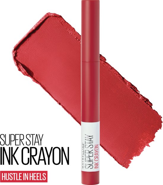 Rood "Super Stay Ink Crayon" potlood met een rode veeg.